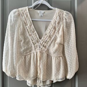 Japna Cream Textured V-Neck Blouse